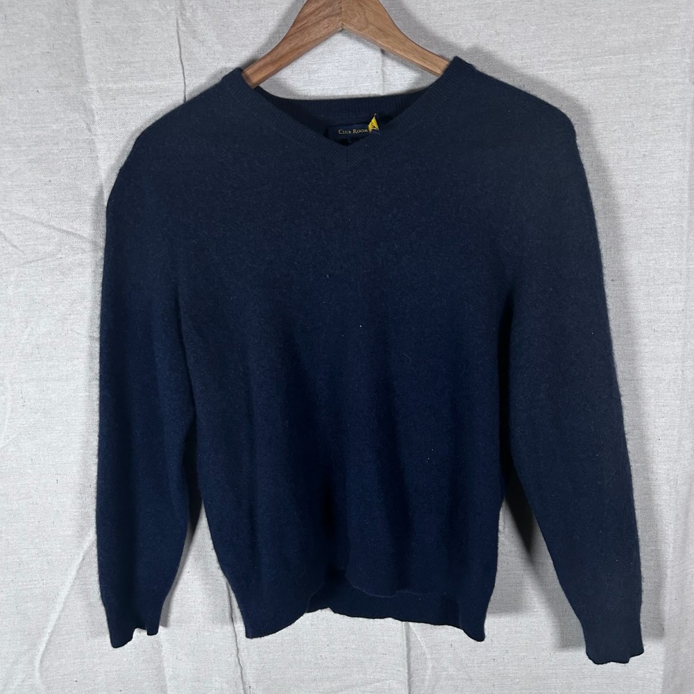 Club Room Women's V-Neck Cashmere Sweater Navy Blue Size L 100% Fine Cashmere